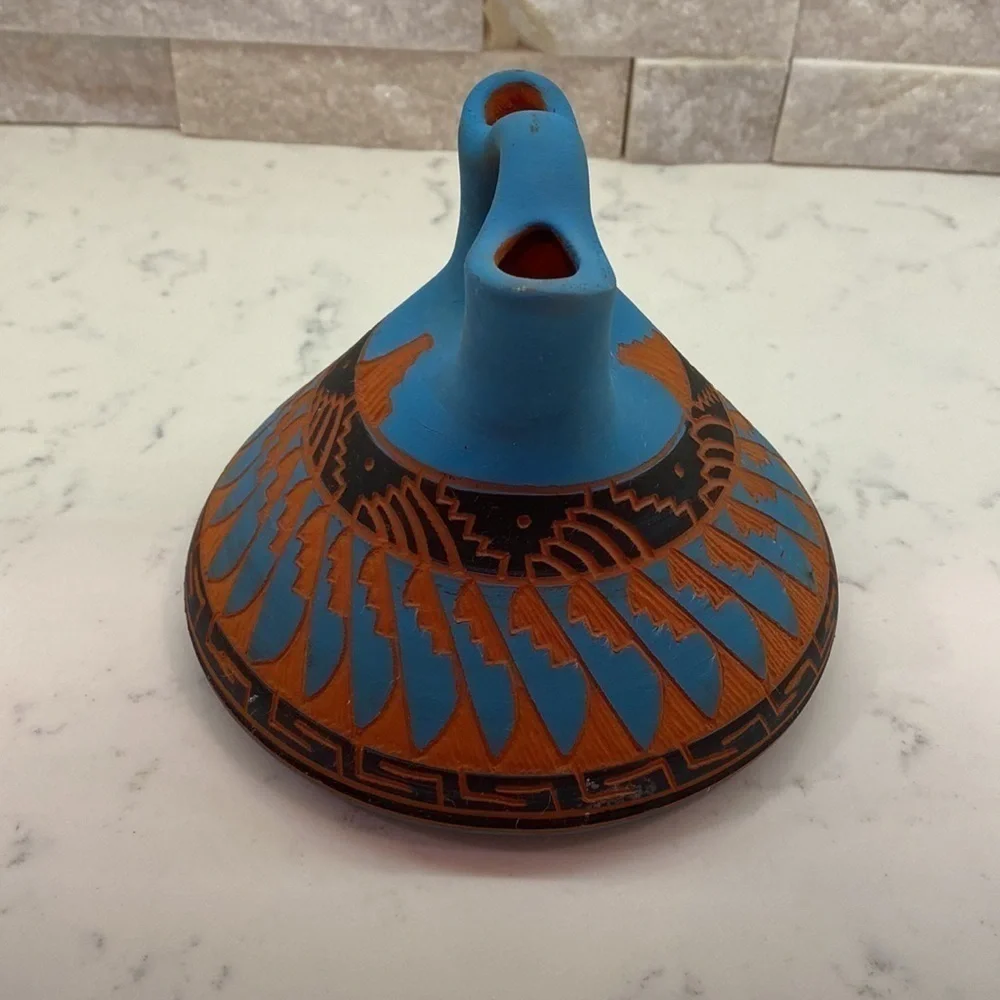 Pottery Hand Etched Wedding Vase.Red clay and powder blue and black color
